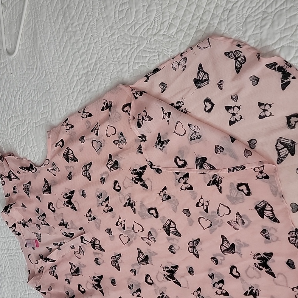 Womens Sheer Pink w/Black Butterflies High Low Ruffle Sleeve Top Size XL - Picture 14 of 14